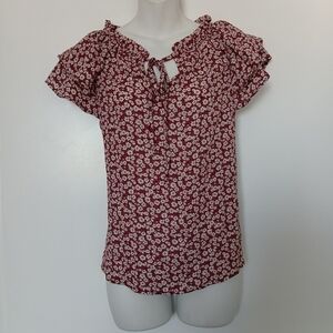 Floral Ruffle Sleeve Top - Red